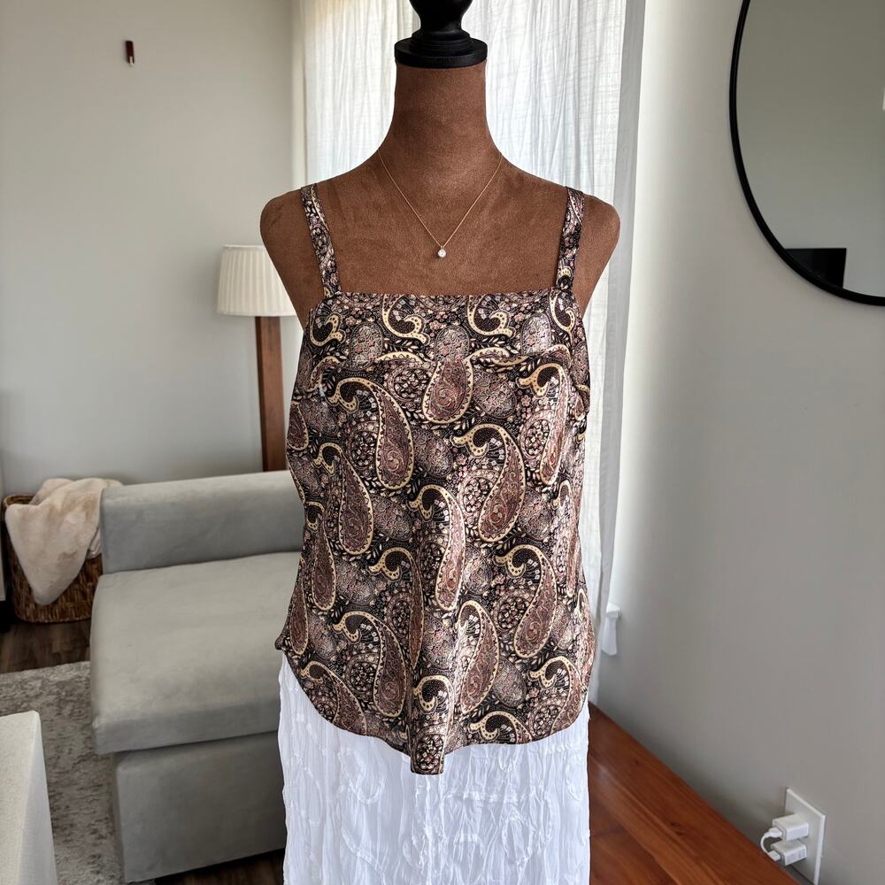 90s‎ Vintage Lady Dorby Paisley Shimmer Tank Top Square Neck Polyester Size 36